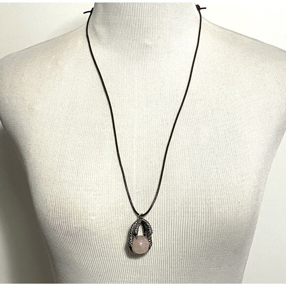 Rose Quartz Gem Necklace Womens Silver Claw Pendant with Brown Cord Adjustable - Picture 3 of 6